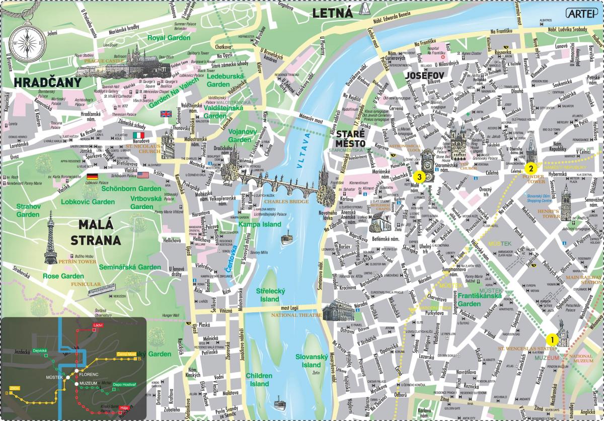 carte du centre-ville de prague en anglais